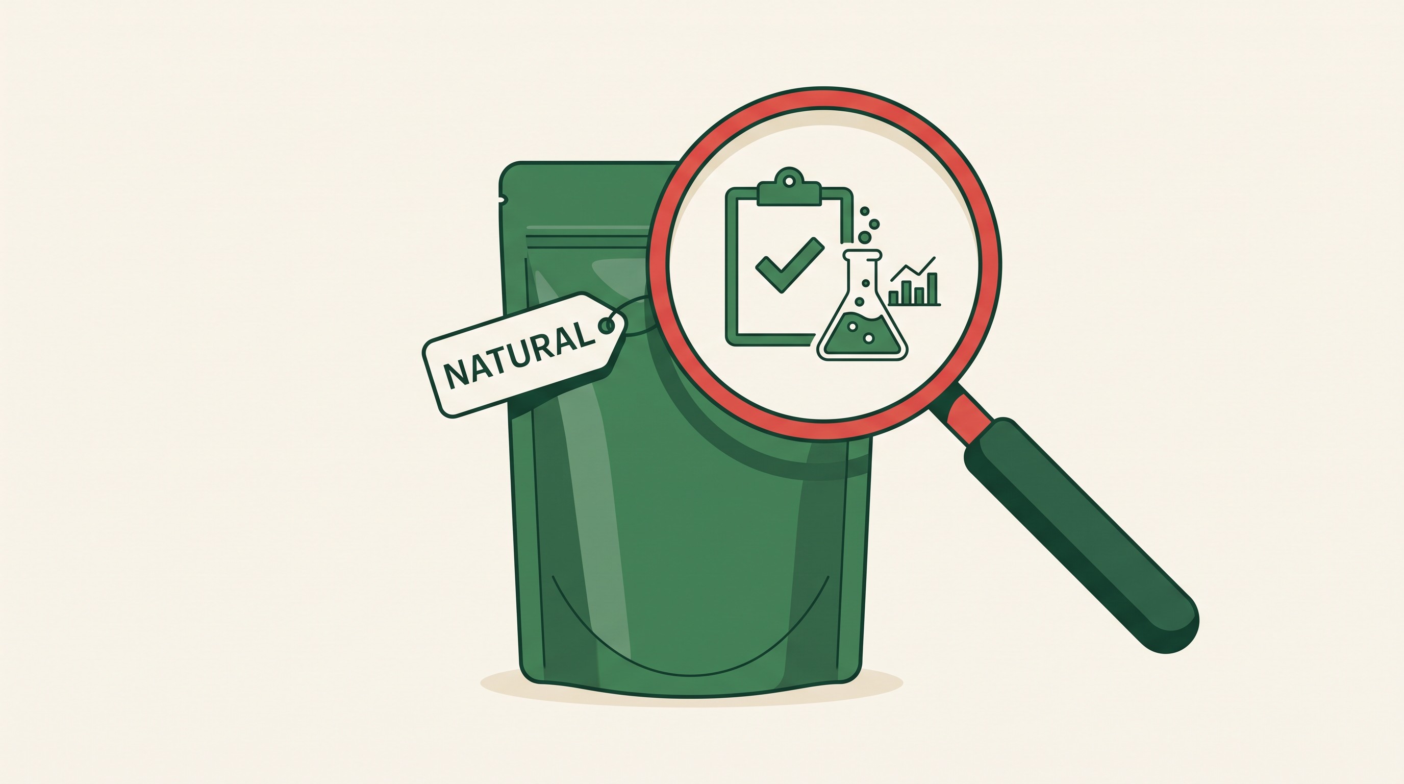 Editorial illustration of a magnifying glass inspecting a food package labelled 'natural', with a clipboard and checkmark representing scientific evidence