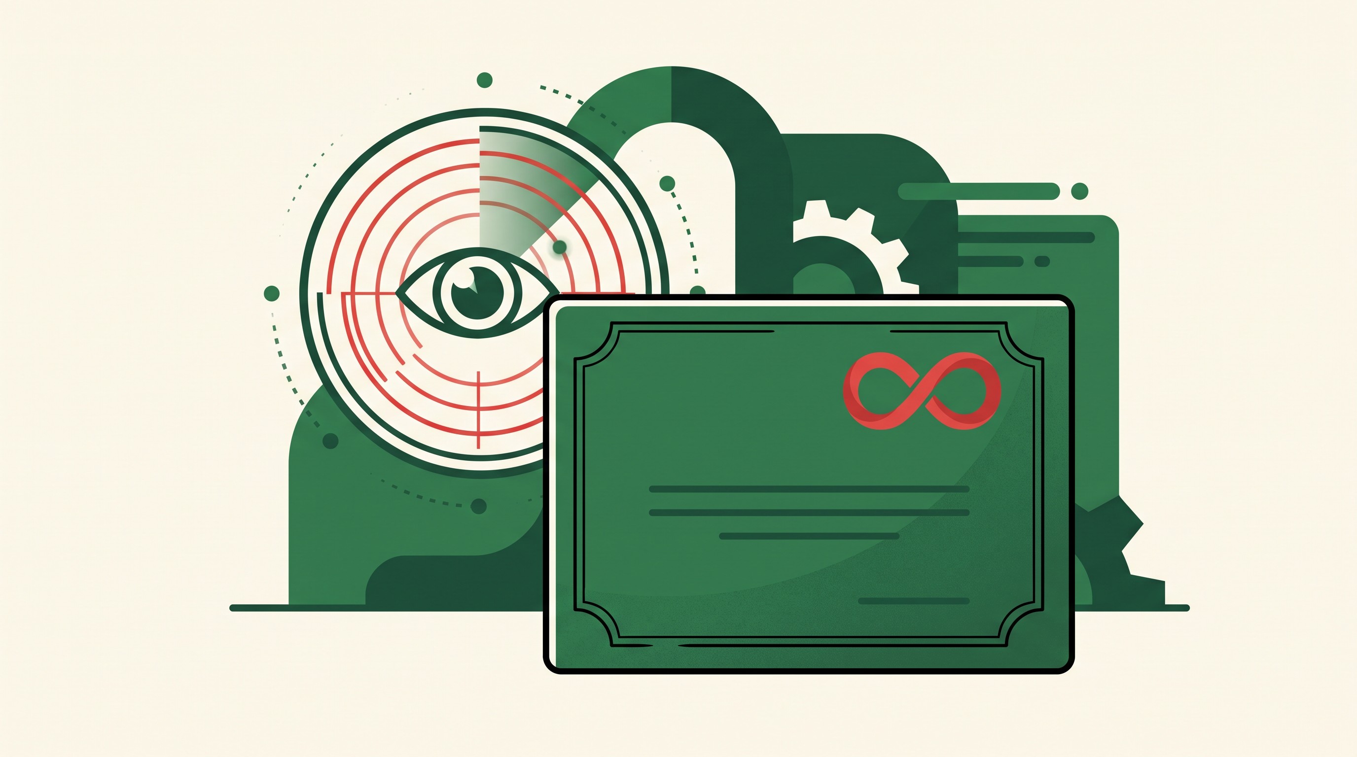 Editorial illustration of an FSSAI license certificate stamped with an infinity symbol for indefinite validity, beside a radar-scan eye representing ongoing risk-based inspection