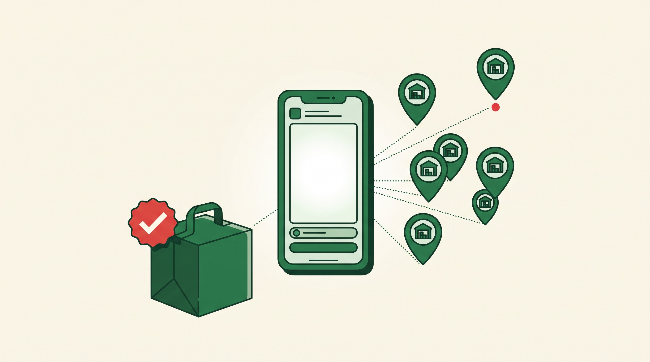 Editorial illustration of a delivery package with an FSSAI compliance checkmark badge, connected by dotted lines to multiple location pins representing kitchens and dark stores