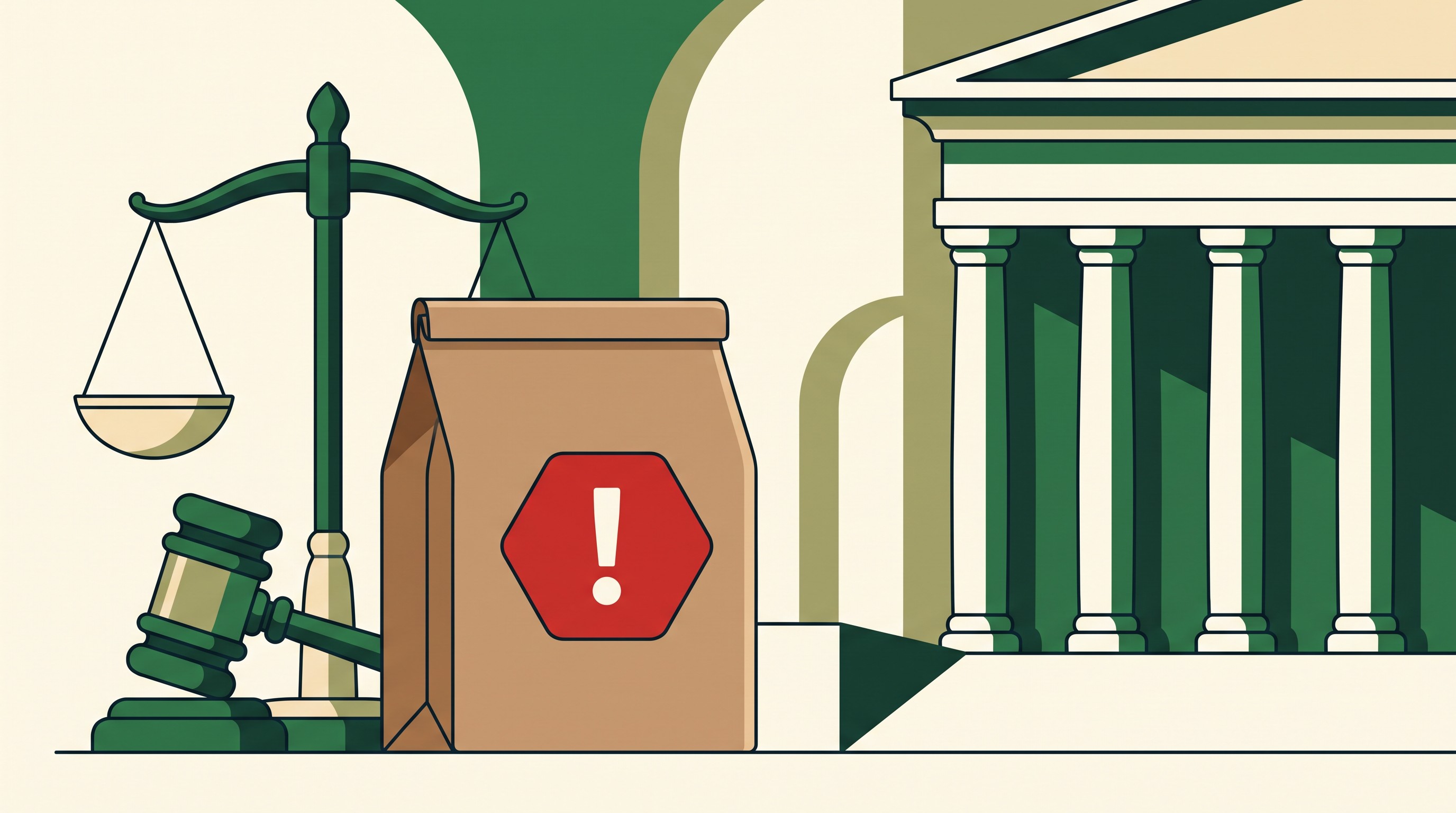 Editorial illustration of a food package with a warning label beside a scales-of-justice motif, representing Supreme Court oversight of FSSAI's front-of-pack labelling rules